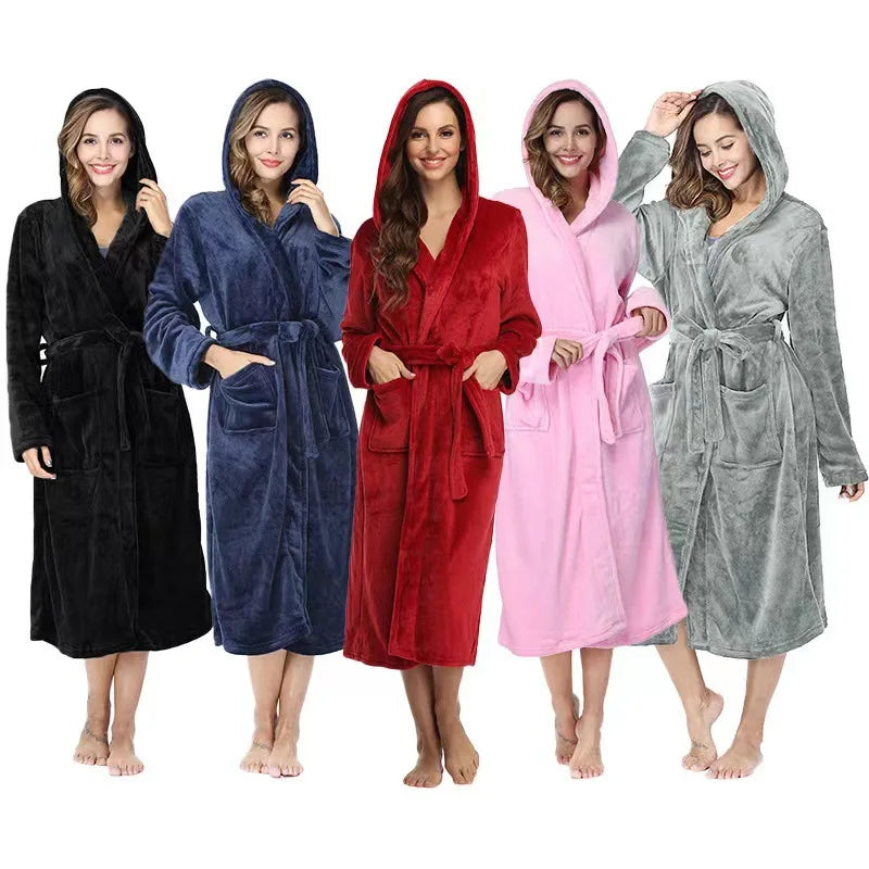 Local Stock Plush Oversize Winter Soft Warm Long Flannel Bathrobe with Hood for Women - Thick Night Fleece Bath Robes