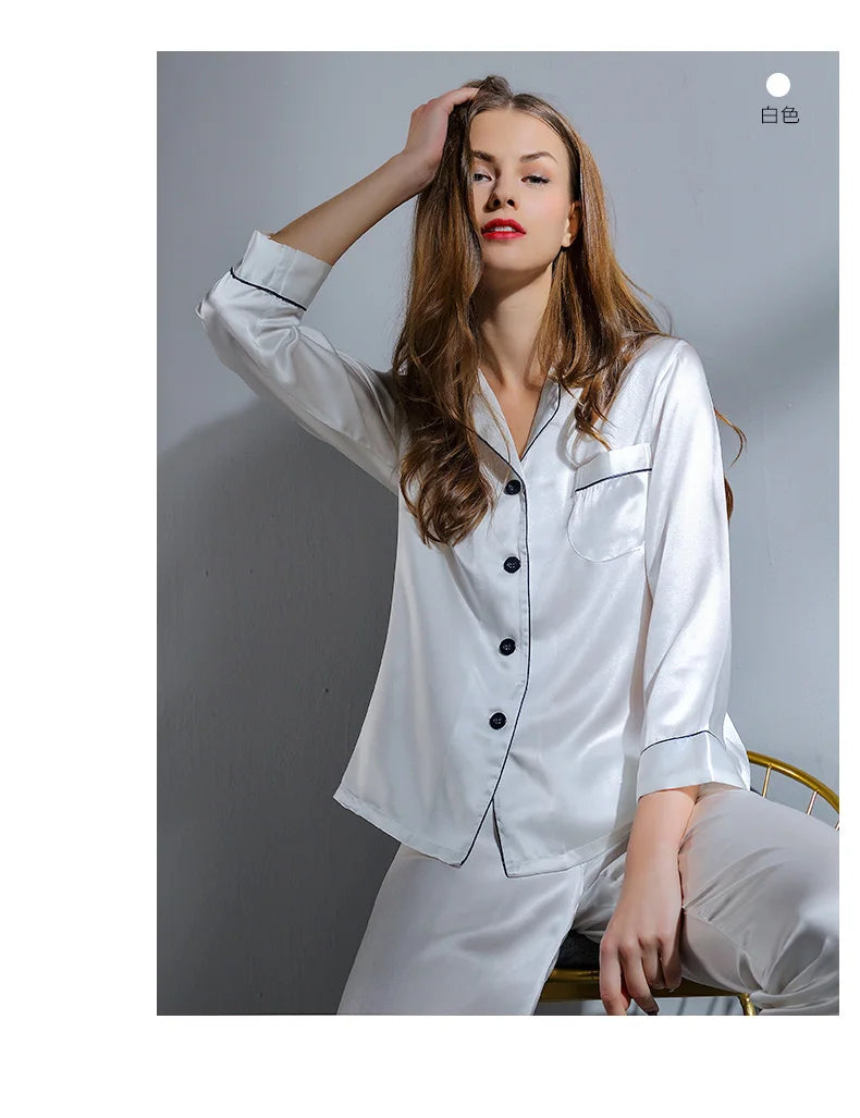 6A Factory Brand 100% Mulberry Silk Pajamas Women Set Summer Autumn Spring Winter Long-sleeved Two-piece Set Silk Sleepwear Gray