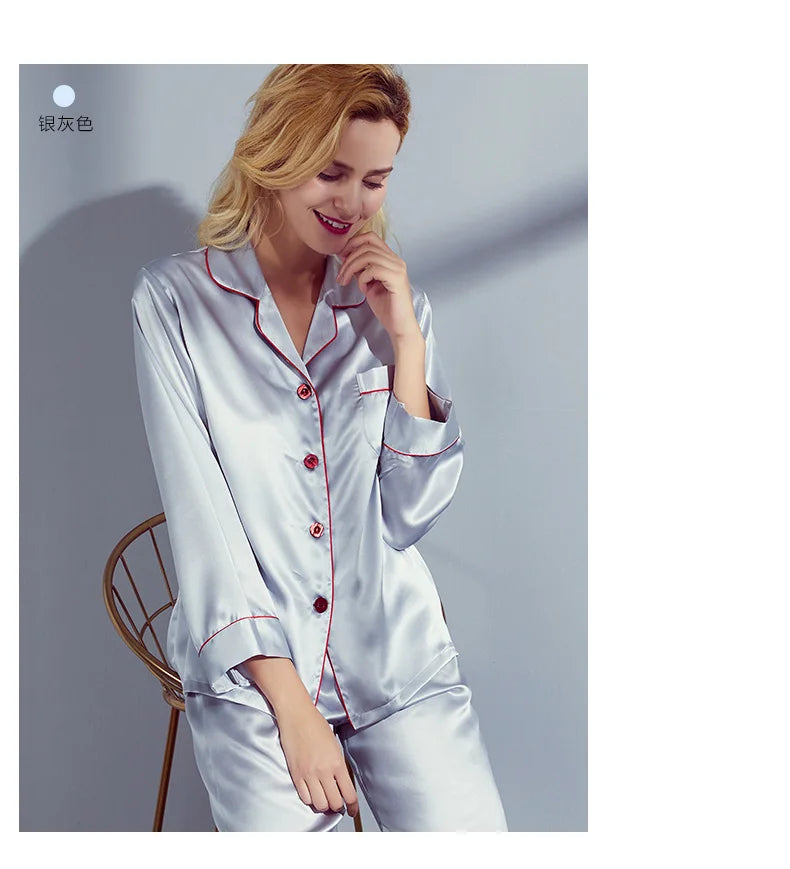6A Factory Brand 100% Mulberry Silk Pajamas Women Set Summer Autumn Spring Winter Long-sleeved Two-piece Set Silk Sleepwear Gray