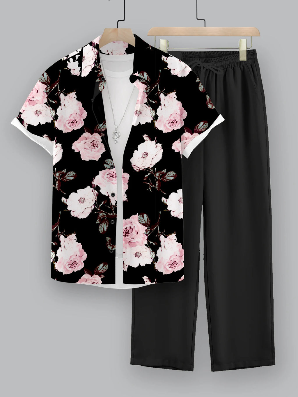 Men's Fashionable Floral Printed Suit Hawaiian Beach Inspired Short-Sleeved Shirt and Casual Pants for Spring Vacation