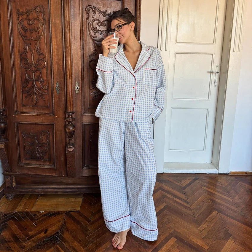 Women's Fashion Loungewear Full Sleeve Cotton Pajamas Soft Plaid Gingham Nightwear with Piping for Spring Loungewear