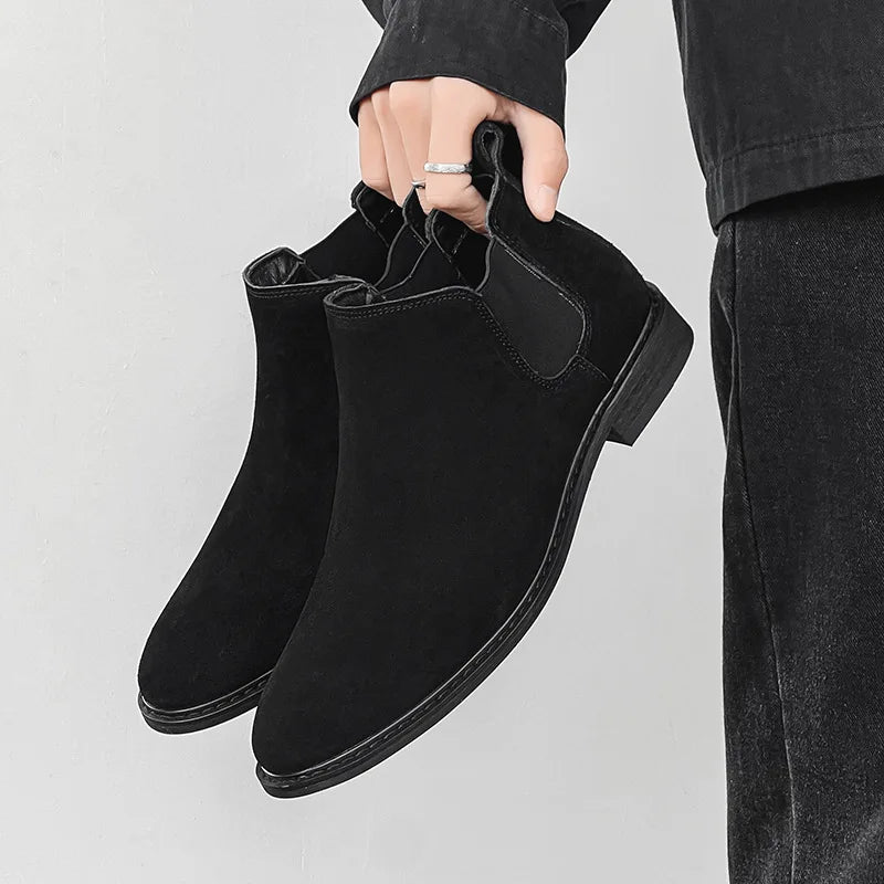 Chelsea Boots Men's New High Top Leather Boots Casual Mid Top Suede Ankle Boots