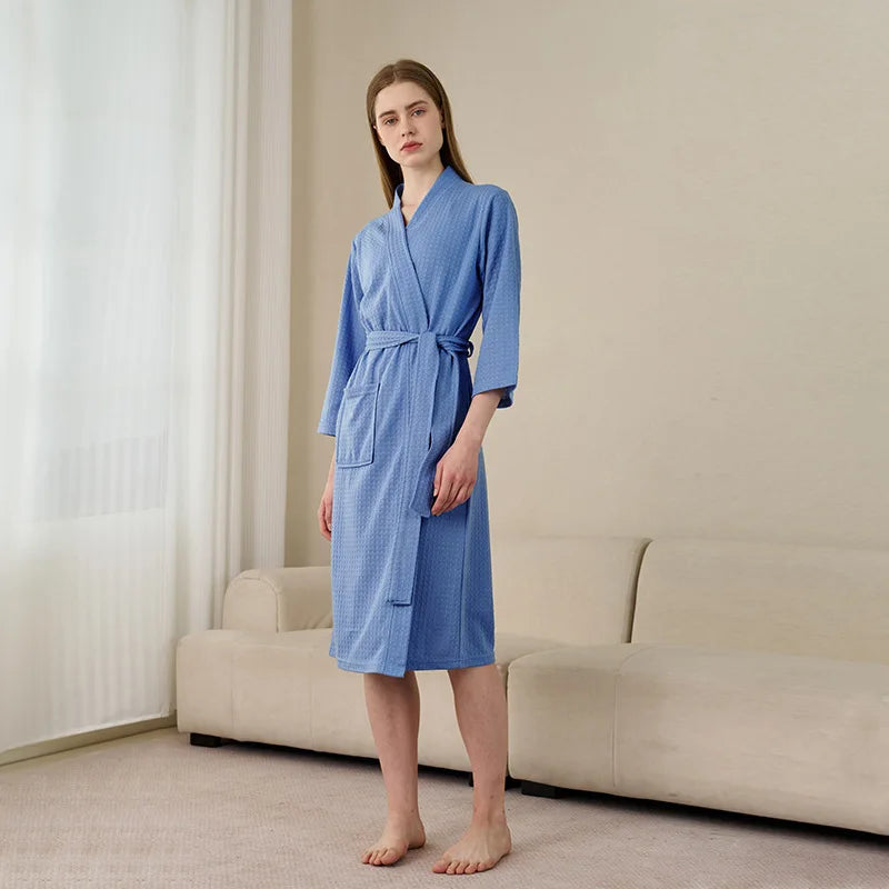 Soft Lightweight Waffle Robe Couple Bathrobe Plus Size Quick-drying 3/4 Sleeve V-neck Casual Loungewear