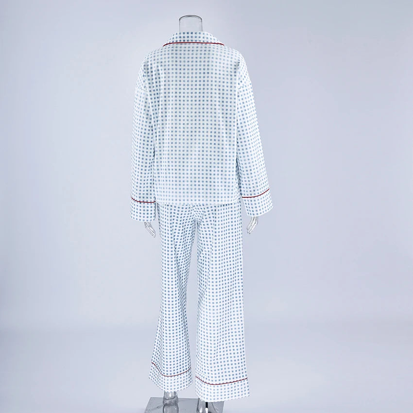 Women's Fashion Loungewear Full Sleeve Cotton Pajamas Soft Plaid Gingham Nightwear with Piping for Spring Loungewear