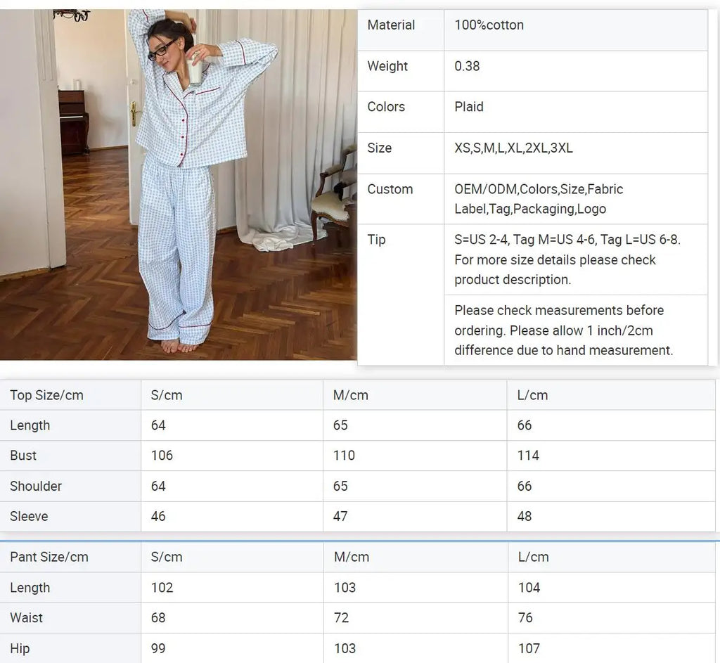 Women's Fashion Loungewear Full Sleeve Cotton Pajamas Soft Plaid Gingham Nightwear with Piping for Spring Loungewear