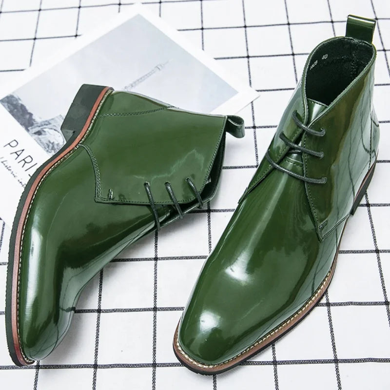 Extra Size 38-48/6.5-14 Green Color Latest Design Fashion Comfortable Lace Up Patent Leather Ankle Boots for Men