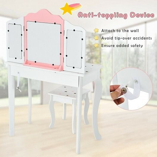 Kids Princess Vanity Table and Stool Set with Tri-folding Mirror and Drawer-Pink