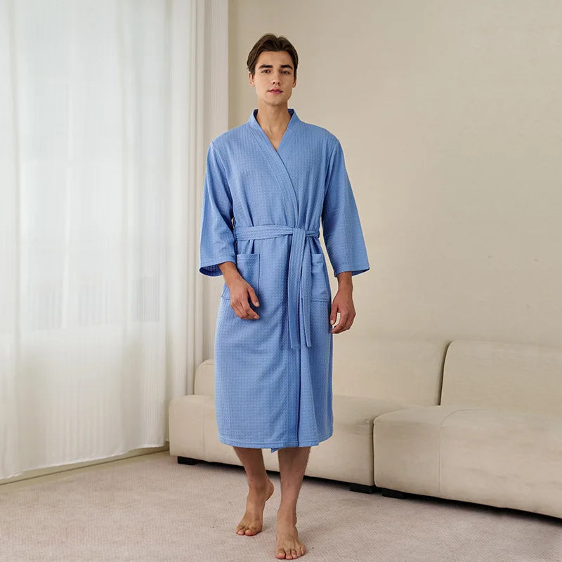 Soft Lightweight Waffle Robe Couple Bathrobe Plus Size Quick-drying 3/4 Sleeve V-neck Casual Loungewear