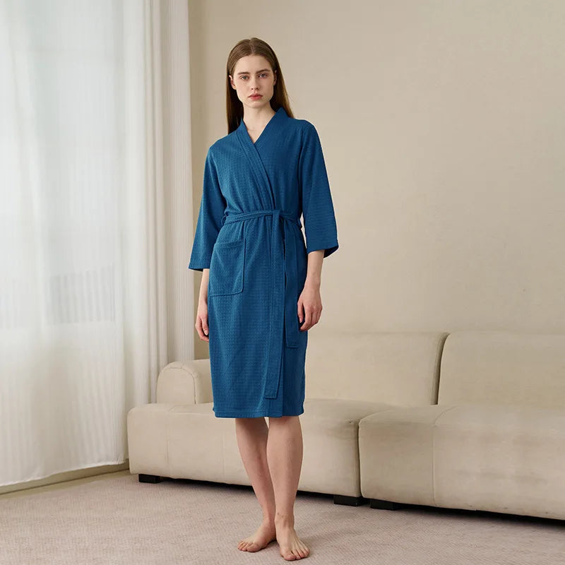 Soft Lightweight Waffle Robe Couple Bathrobe Plus Size Quick-drying 3/4 Sleeve V-neck Casual Loungewear