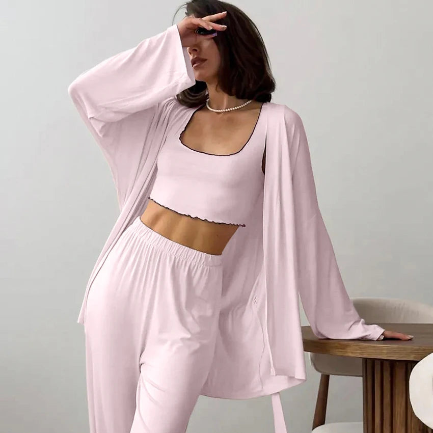 Pink Knitted Robe Set for Women |  3-Piece Pajama Set for Women | |  New Spring Sleepwear