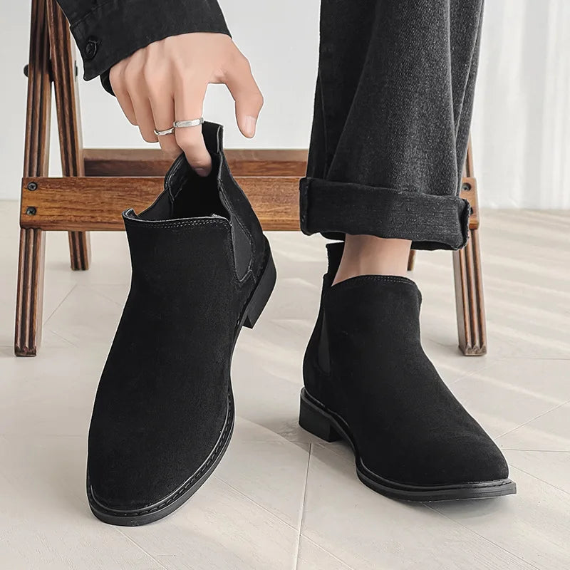 Chelsea Boots Men's New High Top Leather Boots Casual Mid Top Suede Ankle Boots