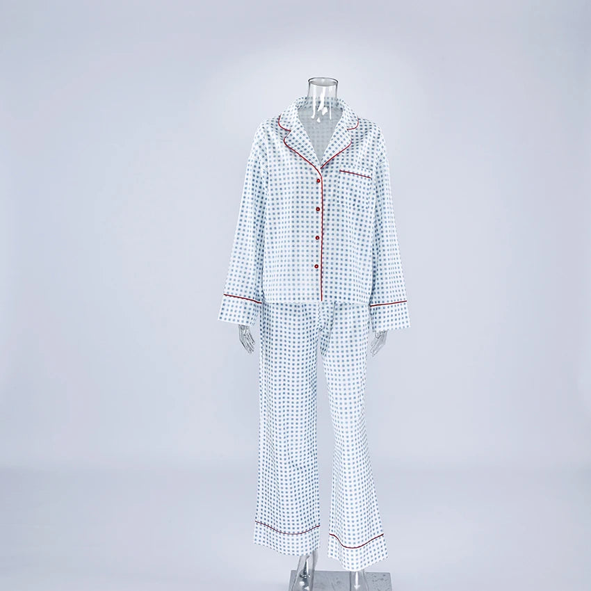 Women's Fashion Loungewear Full Sleeve Cotton Pajamas Soft Plaid Gingham Nightwear with Piping for Spring Loungewear