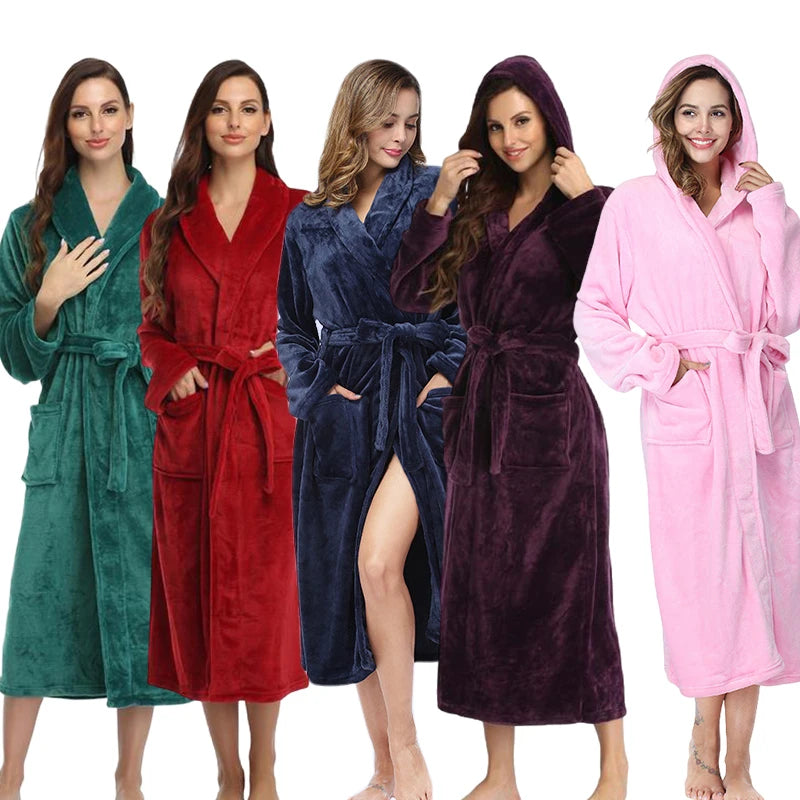 Local Stock Plush Oversize Winter Soft Warm Long Flannel Bathrobe with Hood for Women - Thick Night Fleece Bath Robes