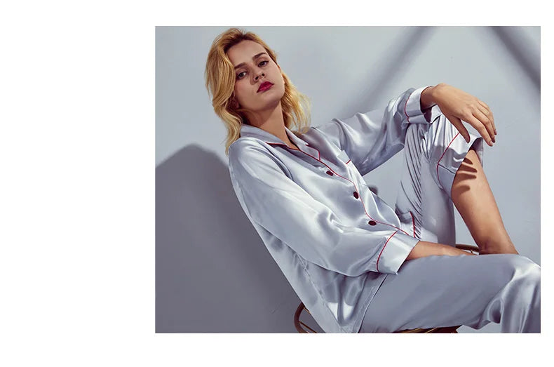 6A Factory Brand 100% Mulberry Silk Pajamas Women Set Summer Autumn Spring Winter Long-sleeved Two-piece Set Silk Sleepwear Gray