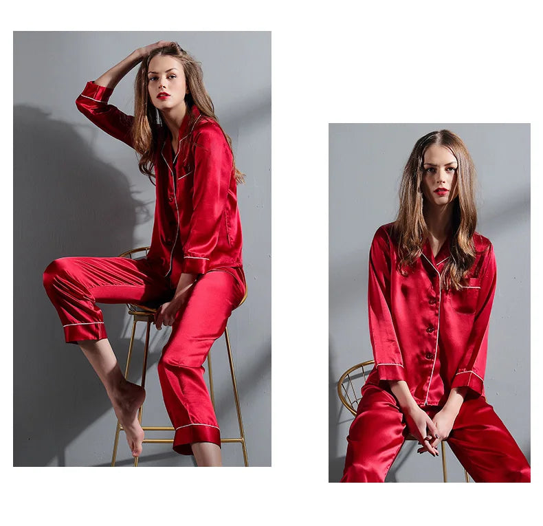 6A Factory Brand 100% Mulberry Silk Pajamas Women Set Summer Autumn Spring Winter Long-sleeved Two-piece Set Silk Sleepwear Gray