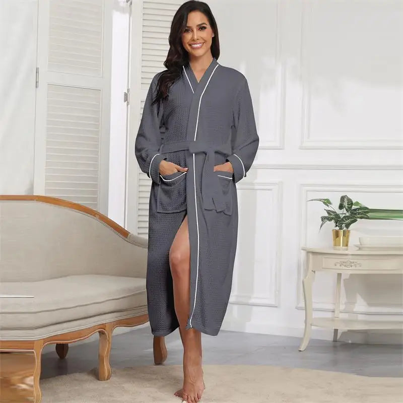 Waffle Pink Robes with Logo Sleep Wear Women Pajama Honeycomb Long Bathrobe