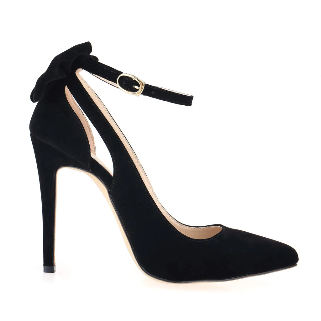 Women Pumps Bowknot Pointed Toe Stiletto Sexy 11cm Thin Ankle Strap High Heels Female Red Wedding Shoes Plus Size