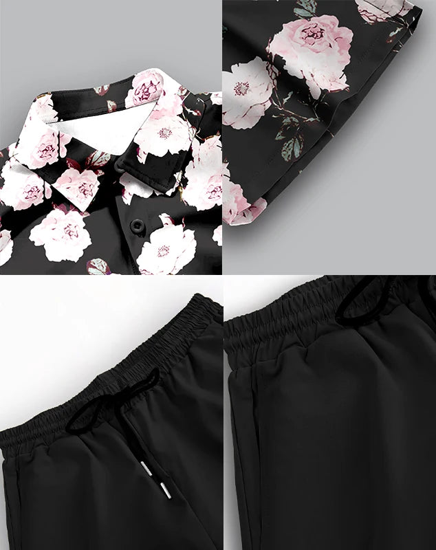 Men's Fashionable Floral Printed Suit Hawaiian Beach Inspired Short-Sleeved Shirt and Casual Pants for Spring Vacation