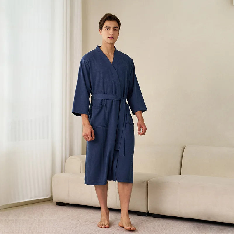 Soft Lightweight Waffle Robe Couple Bathrobe Plus Size Quick-drying 3/4 Sleeve V-neck Casual Loungewear