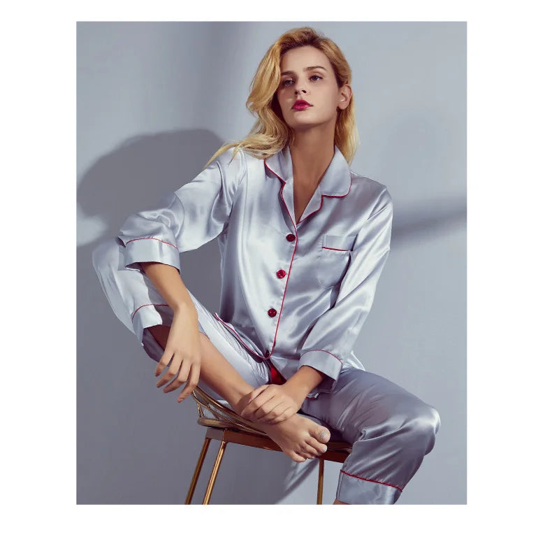 6A Factory Brand 100% Mulberry Silk Pajamas Women Set Summer Autumn Spring Winter Long-sleeved Two-piece Set Silk Sleepwear Gray