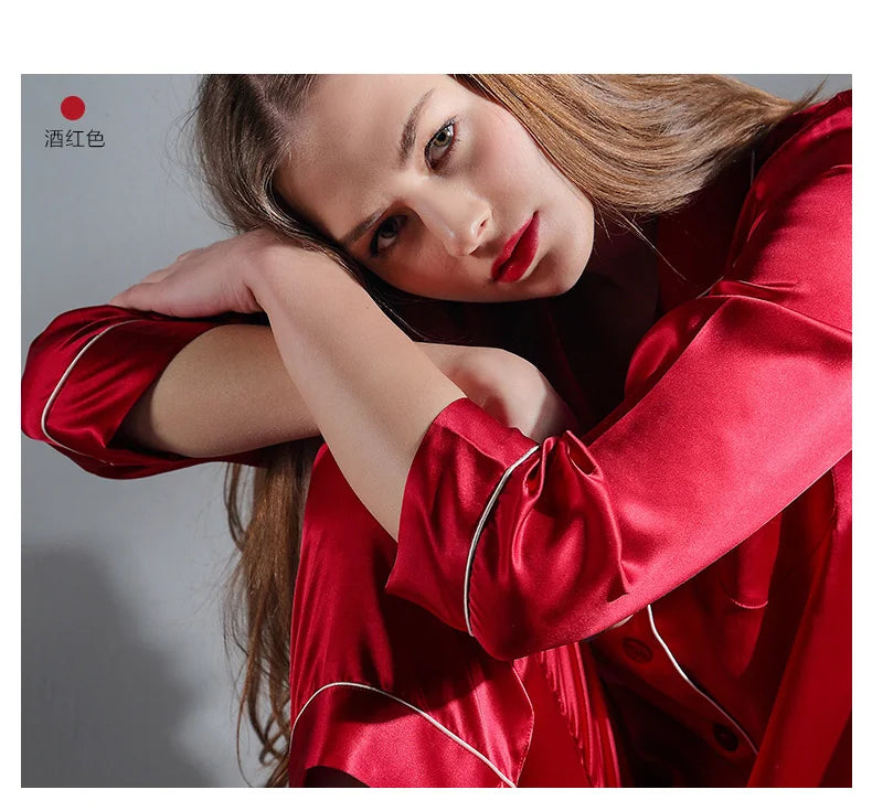 6A Factory Brand 100% Mulberry Silk Pajamas Women Set Summer Autumn Spring Winter Long-sleeved Two-piece Set Silk Sleepwear Gray