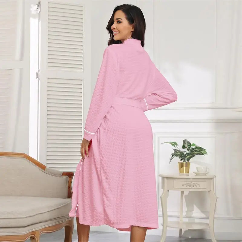 Waffle Pink Robes with Logo Sleep Wear Women Pajama Honeycomb Long Bathrobe