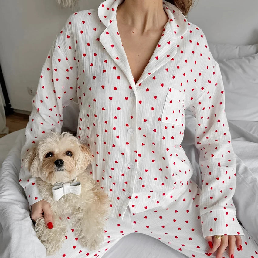 Pink Hearts Cotton Pajamas | Long Sleeve Pajamas Set for Women | Comfortable Sleepwear | 2 Piece Nightwear