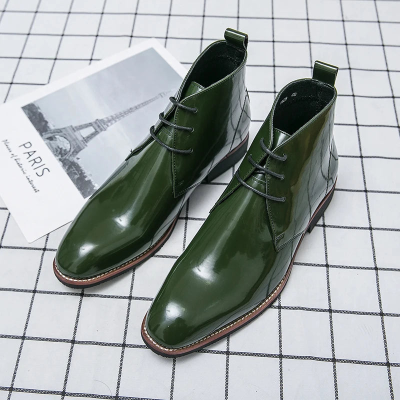 Extra Size 38-48/6.5-14 Green Color Latest Design Fashion Comfortable Lace Up Patent Leather Ankle Boots for Men