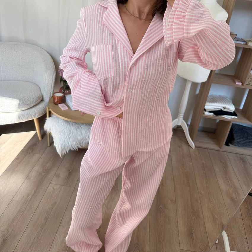Spring Lounge Set for Ladies | Two Pieces Set Pajama | Spring Lounge Suit | Pink Striped Pajamas | Cotton Nightwear