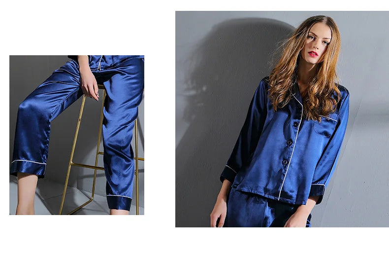 6A Factory Brand 100% Mulberry Silk Pajamas Women Set Summer Autumn Spring Winter Long-sleeved Two-piece Set Silk Sleepwear Gray