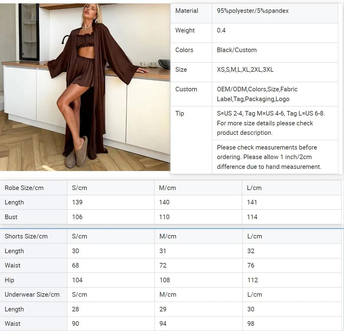 Mia Lounge Suit Nighty for Women Sleepwear 3 Pieces Satin Robe With Lingerie Shorts Women Pajamas Bra Solid Long Robe