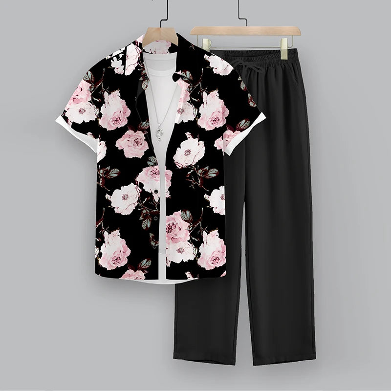 Men's Fashionable Floral Printed Suit Hawaiian Beach Inspired Short-Sleeved Shirt and Casual Pants for Spring Vacation