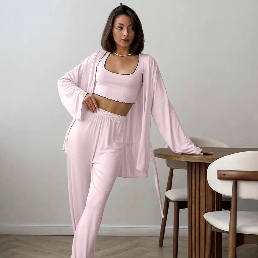 Pink Knitted Robe Set for Women |  3-Piece Pajama Set for Women | |  New Spring Sleepwear