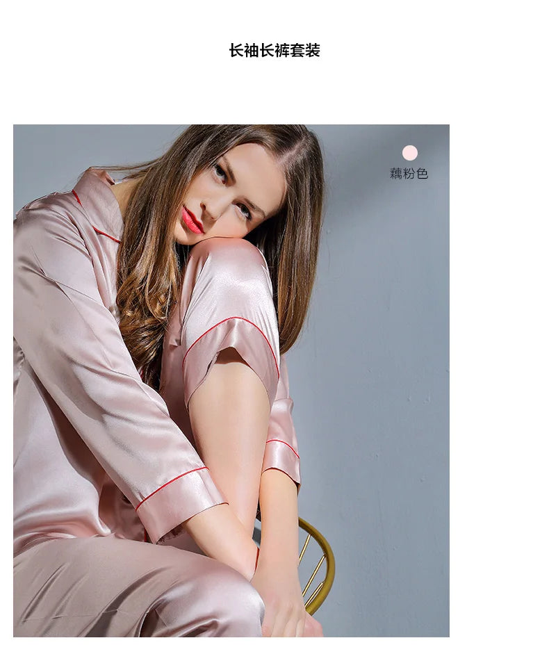 6A Factory Brand 100% Mulberry Silk Pajamas Women Set Summer Autumn Spring Winter Long-sleeved Two-piece Set Silk Sleepwear Gray