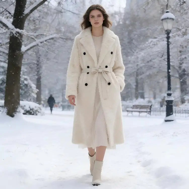 Beige Women's X-Long Double-Breasted Belted Casual Coat - Winter Warm Windproof & Anti-Wrinkle Outerwear