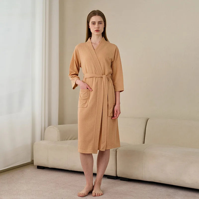 Soft Lightweight Waffle Robe Couple Bathrobe Plus Size Quick-drying 3/4 Sleeve V-neck Casual Loungewear
