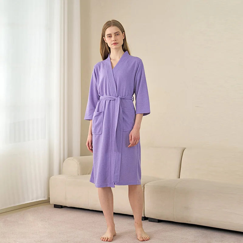 Soft Lightweight Waffle Robe Couple Bathrobe Plus Size Quick-drying 3/4 Sleeve V-neck Casual Loungewear