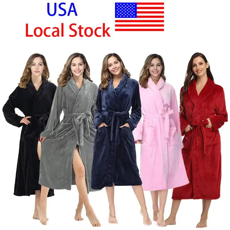 Local Stock Plush Oversize Winter Soft Warm Long Flannel Bathrobe with Hood for Women - Thick Night Fleece Bath Robes
