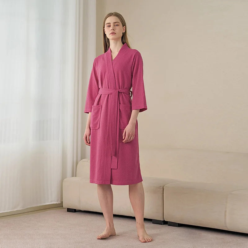 Soft Lightweight Waffle Robe Couple Bathrobe Plus Size Quick-drying 3/4 Sleeve V-neck Casual Loungewear