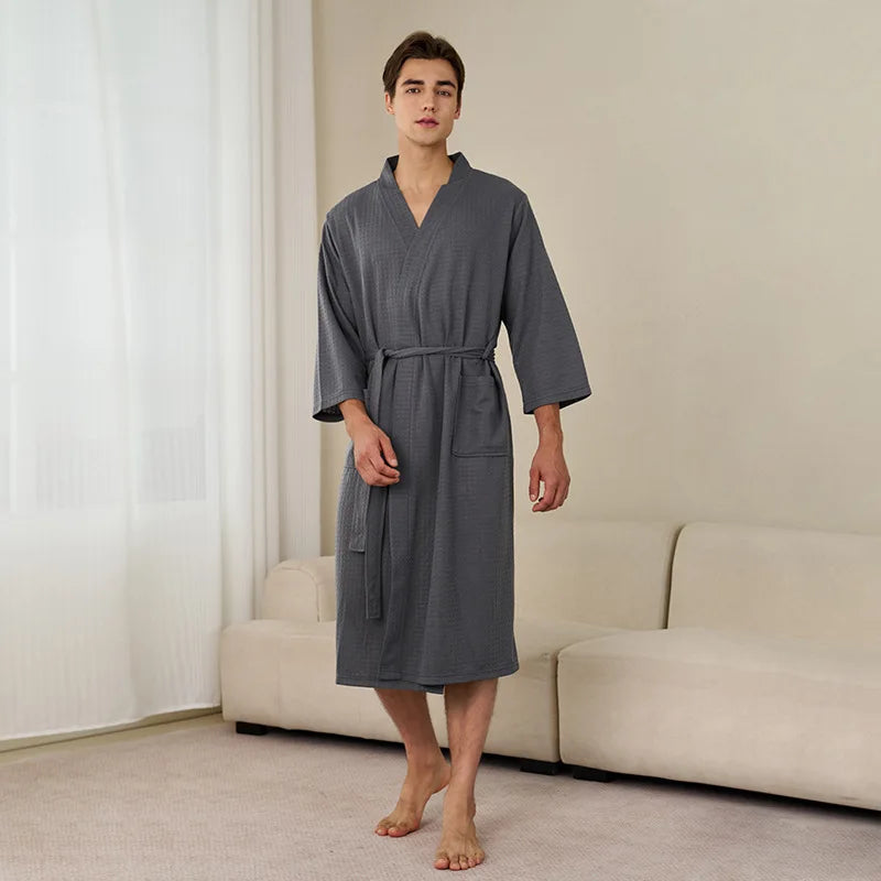 Soft Lightweight Waffle Robe Couple Bathrobe Plus Size Quick-drying 3/4 Sleeve V-neck Casual Loungewear