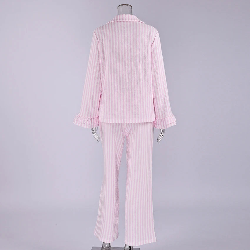 Spring Lounge Set for Ladies | Two Pieces Set Pajama | Spring Lounge Suit | Pink Striped Pajamas | Cotton Nightwear