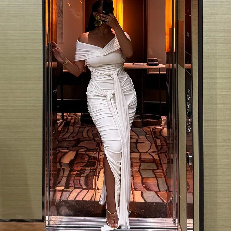 Trending Products 2026 Slant Shoulder Short Sleeve Solid Color Elegant Women Casual Maxi Long Split Dresses