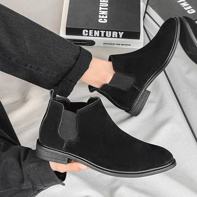 Chelsea Boots Men's New High Top Leather Boots Casual Mid Top Suede Ankle Boots
