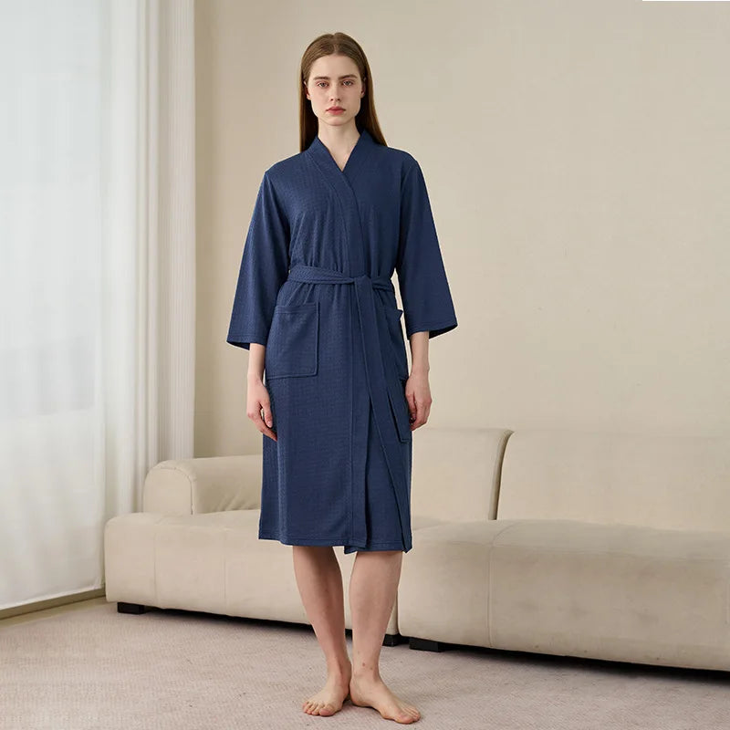 Soft Lightweight Waffle Robe Couple Bathrobe Plus Size Quick-drying 3/4 Sleeve V-neck Casual Loungewear