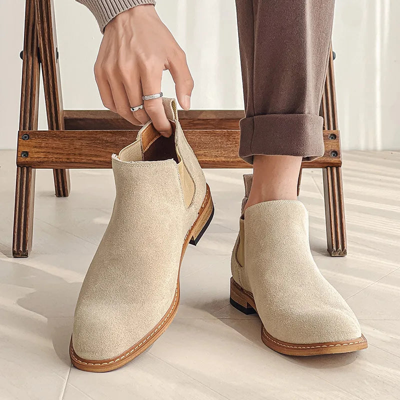 Chelsea Boots Men's New High Top Leather Boots Casual Mid Top Suede Ankle Boots