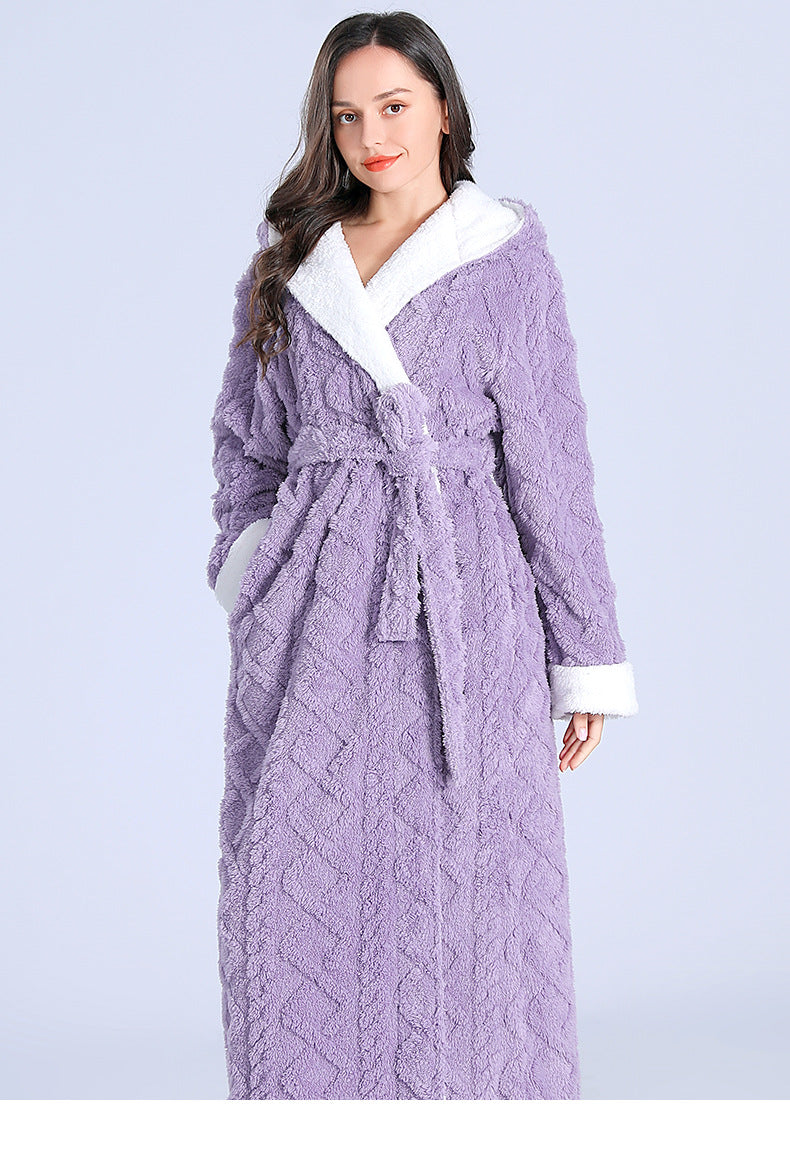 Loose Long Thick Hooded Winter Bathrobe for Women - Flannel Terry Comfortable Sleepwear