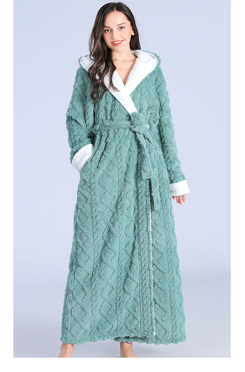 Loose Long Thick Hooded Winter Bathrobe for Women - Flannel Terry Comfortable Sleepwear