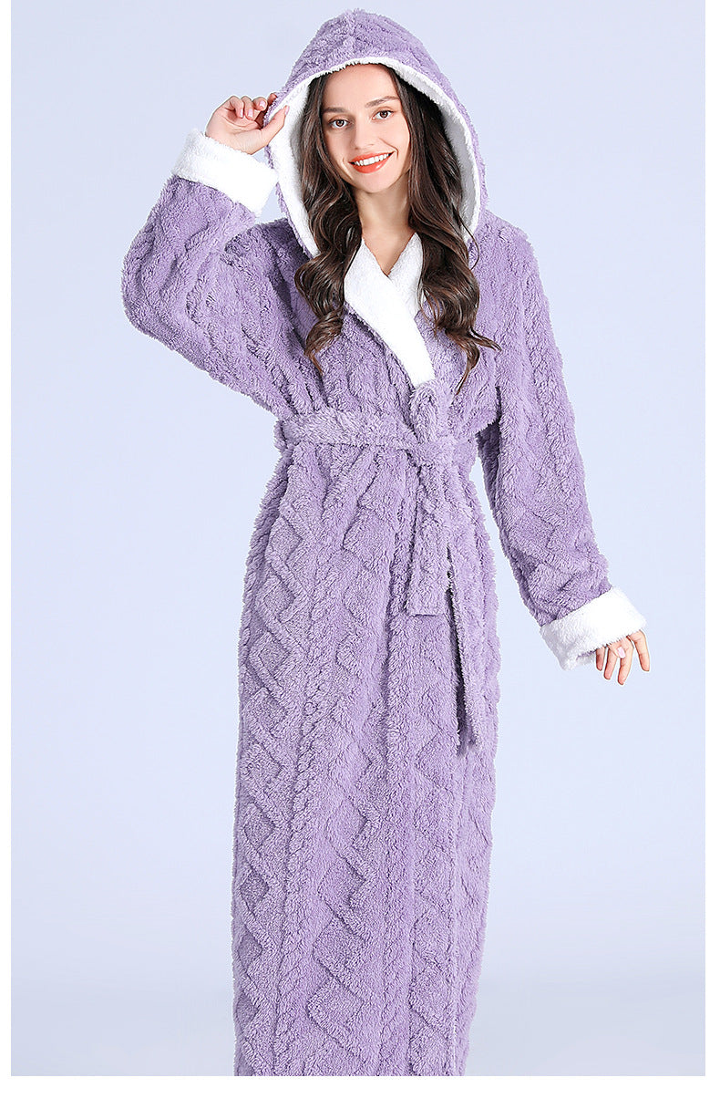 Loose Long Thick Hooded Winter Bathrobe for Women - Flannel Terry Comfortable Sleepwear