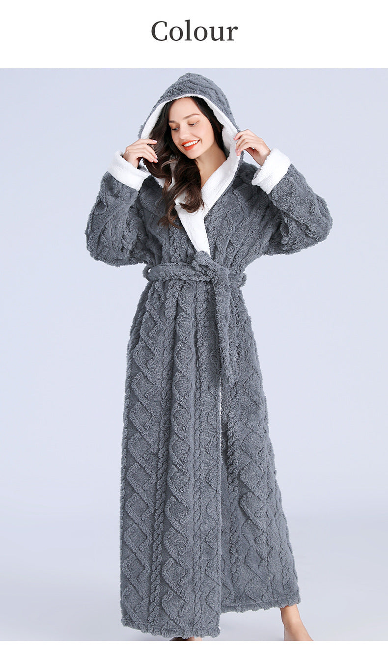 Loose Long Thick Hooded Winter Bathrobe for Women - Flannel Terry Comfortable Sleepwear