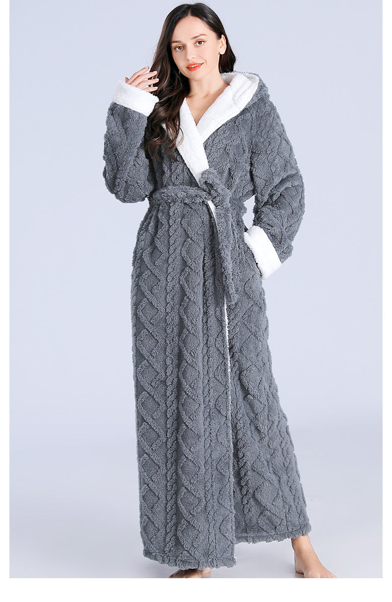 Loose Long Thick Hooded Winter Bathrobe for Women - Flannel Terry Comfortable Sleepwear
